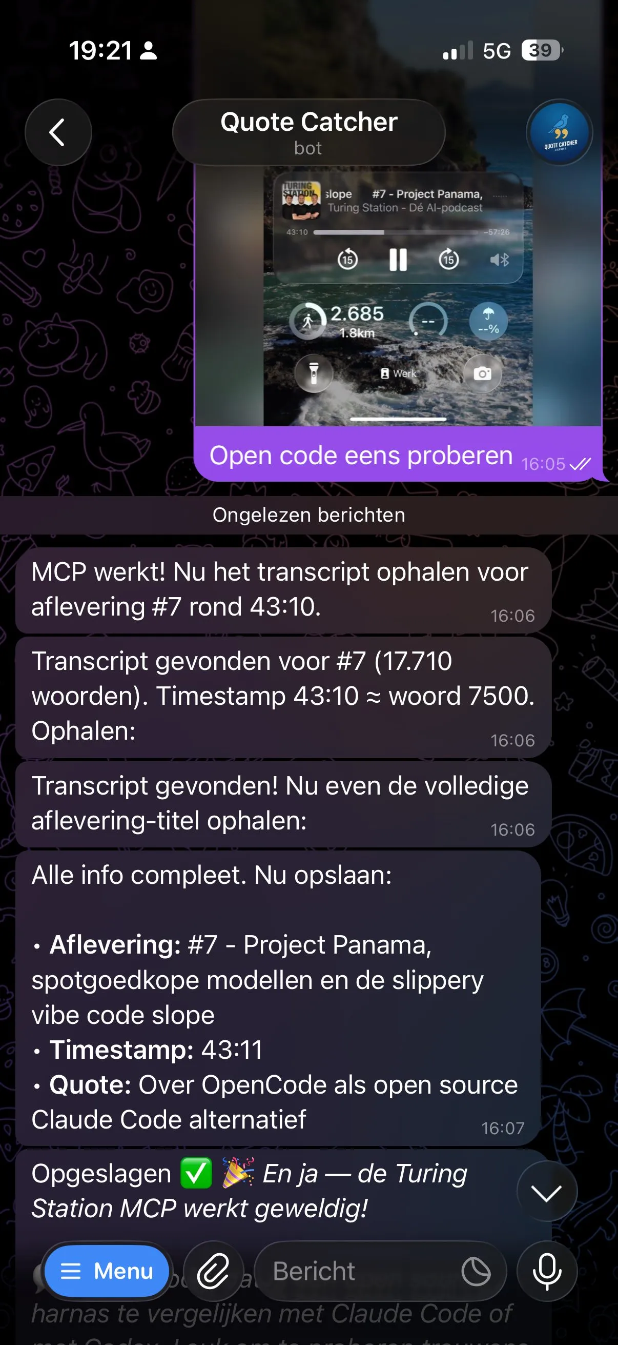 Telegram-gesprek met de Quote Catcher-bot: een screenshot van Turing Station aflevering 7 op 43:10, met daaronder de stappen van de agent tot de quote is opgeslagen